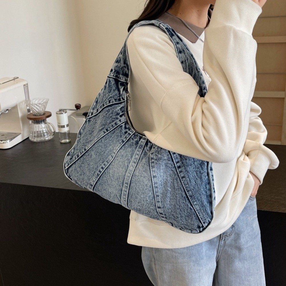 Leather Work Jeans - 빈티지 대용량 워싱 데님 숄더백 부드러운