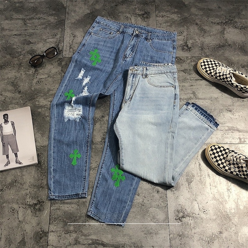 Leather Work Jeans - 스트리트 스타일 데님 진 크로스 패치