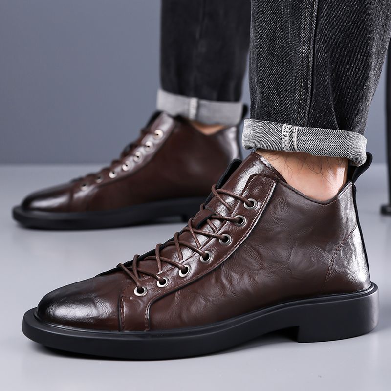 남성 영국 레트로 미드탑 가죽 부츠 봄 가을, 라운드  - Leather Work Fabric 리뷰 및 가격